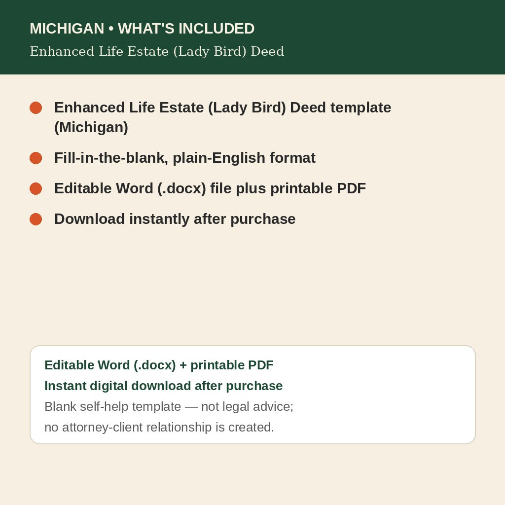 Michigan Lady Bird Deed, what's included: editable Word and printable PDF, instant digital download