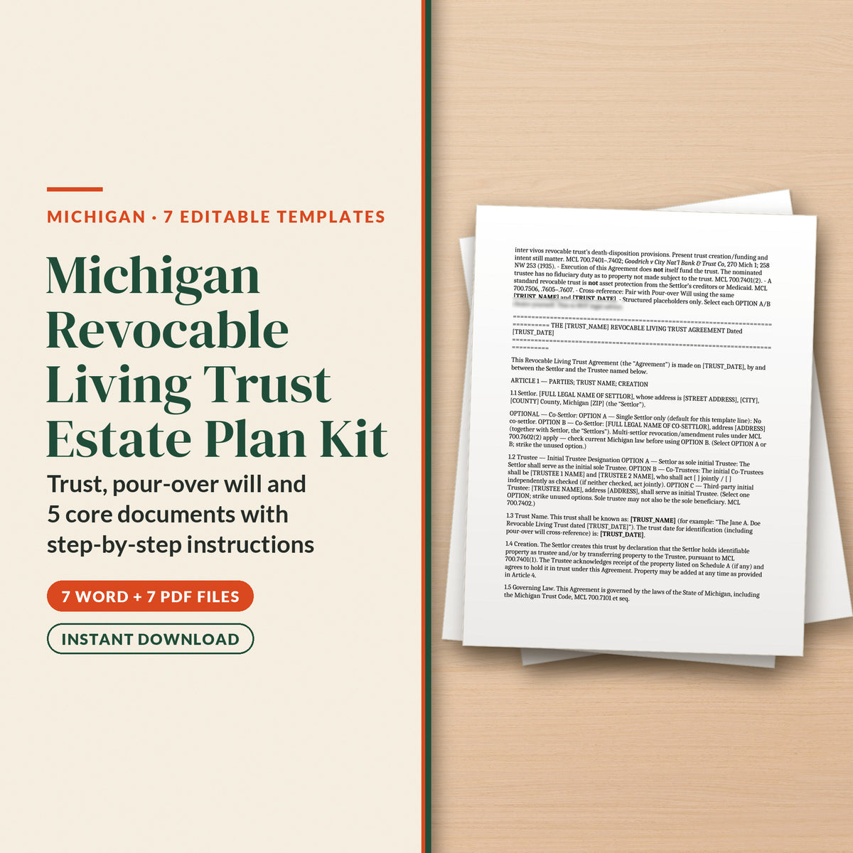 Michigan Living Trust Kit: Revocable Living Trust Estate Plan Kit cover, 7 Word + 7 PDF files, instant download