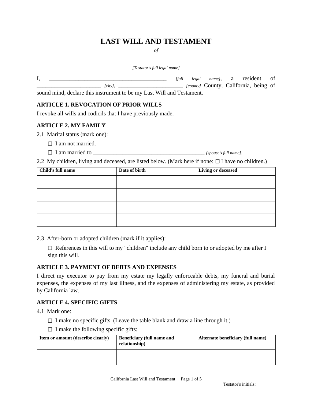 California Last Will and Testament Template