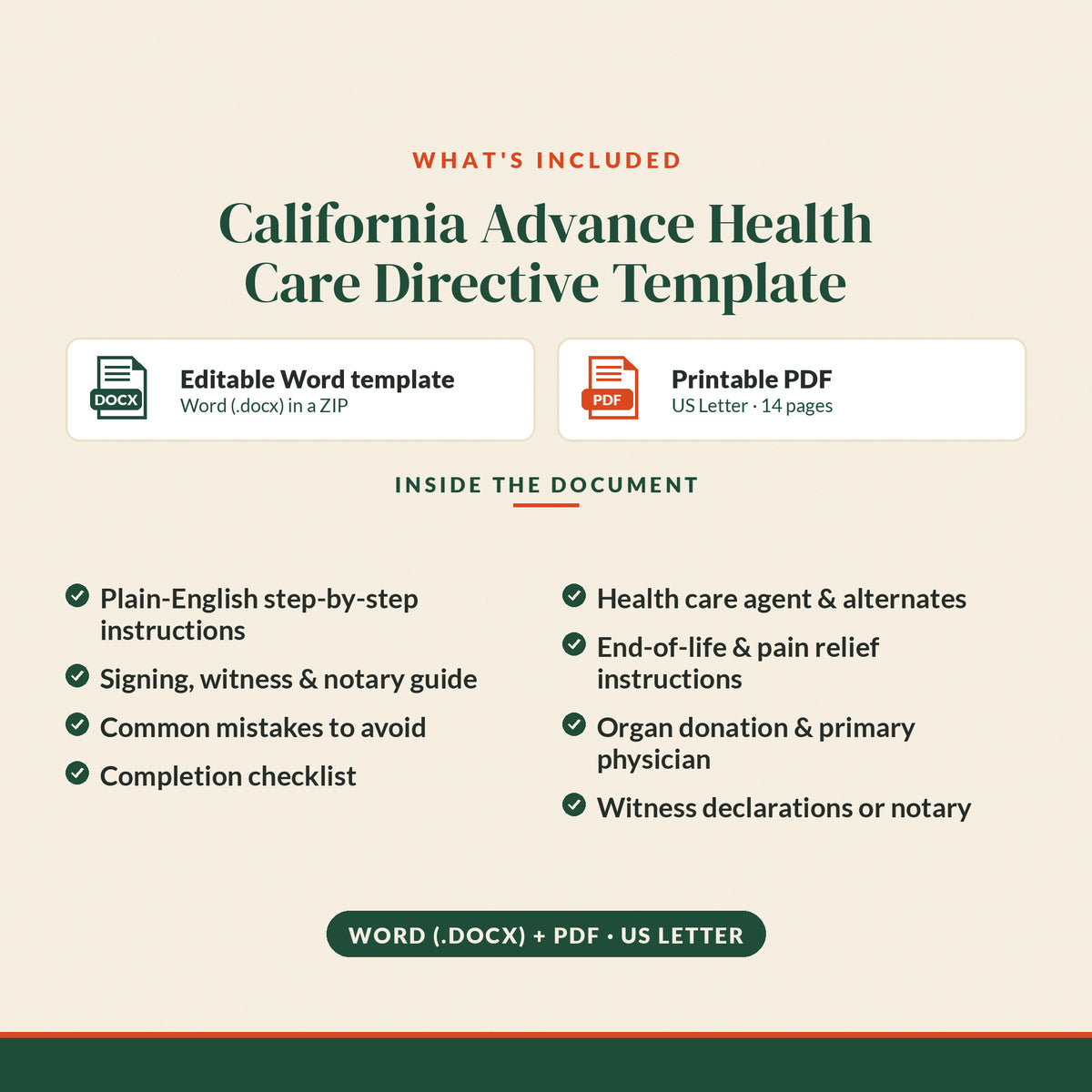 California Advance Health Care Directive Template, what's included