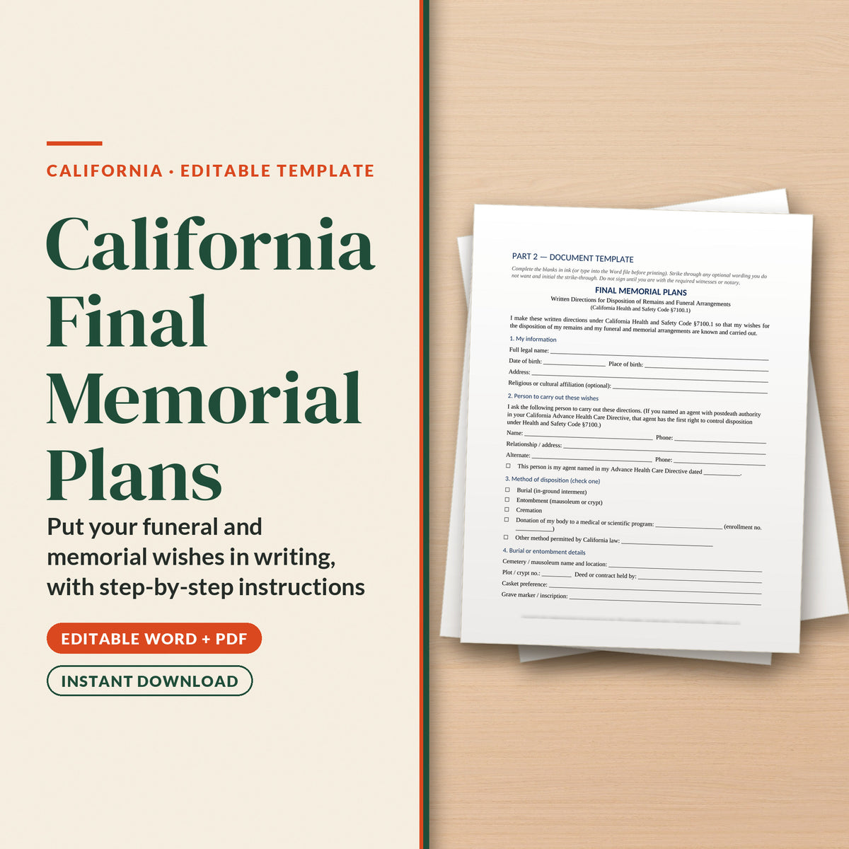 California Final Memorial Plans Template, cover page