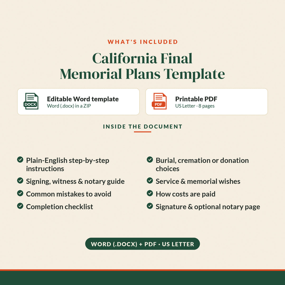 California Final Memorial Plans Template, what's included