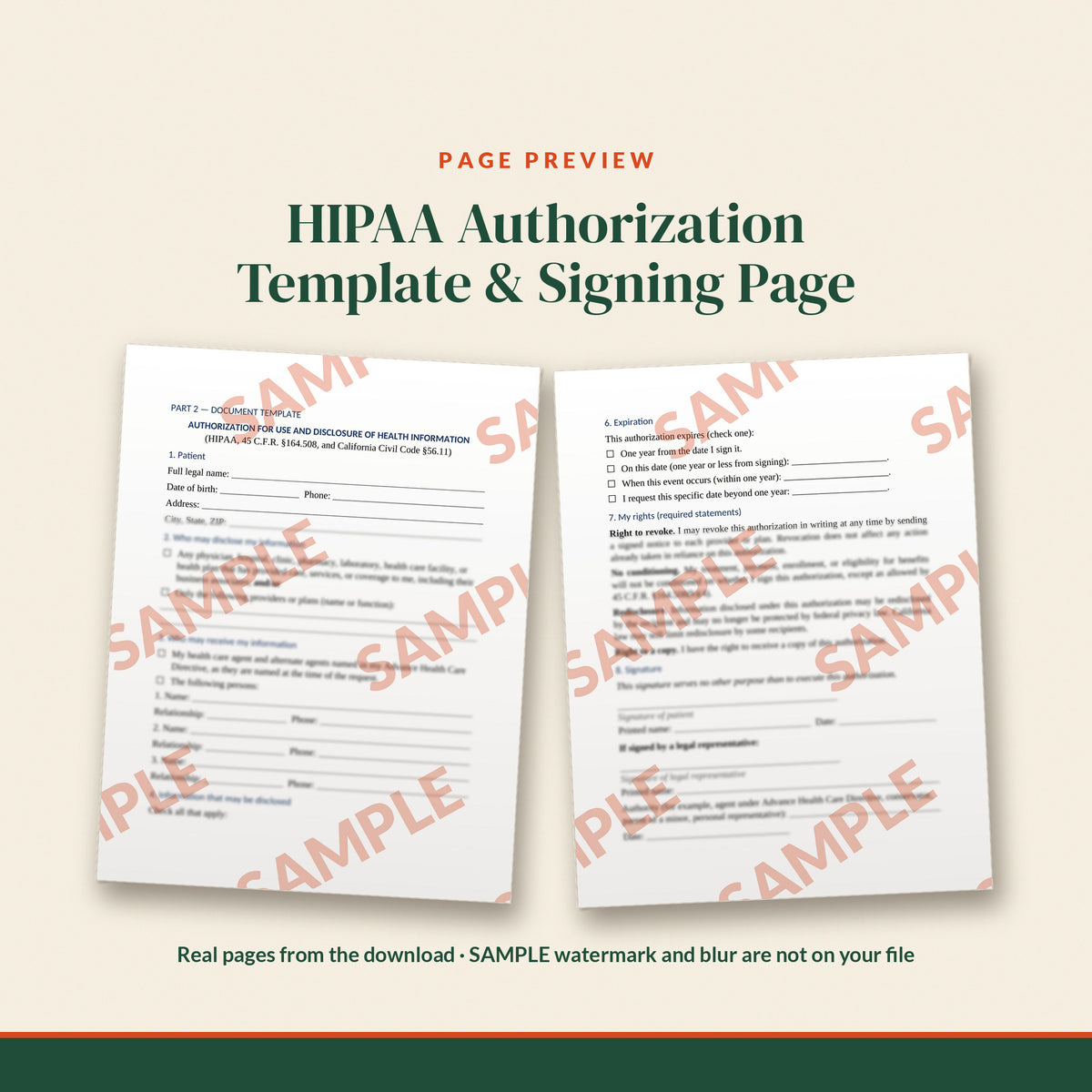 California HIPAA Authorization / Release Template, document preview, page 2