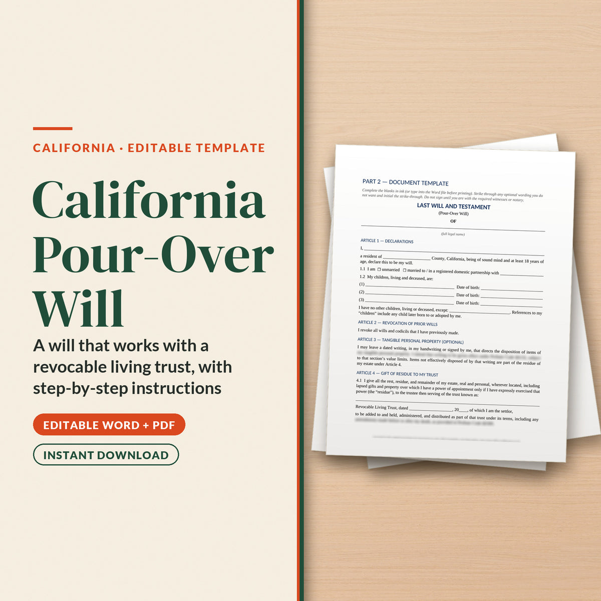 California Pour-Over Will Template, cover page