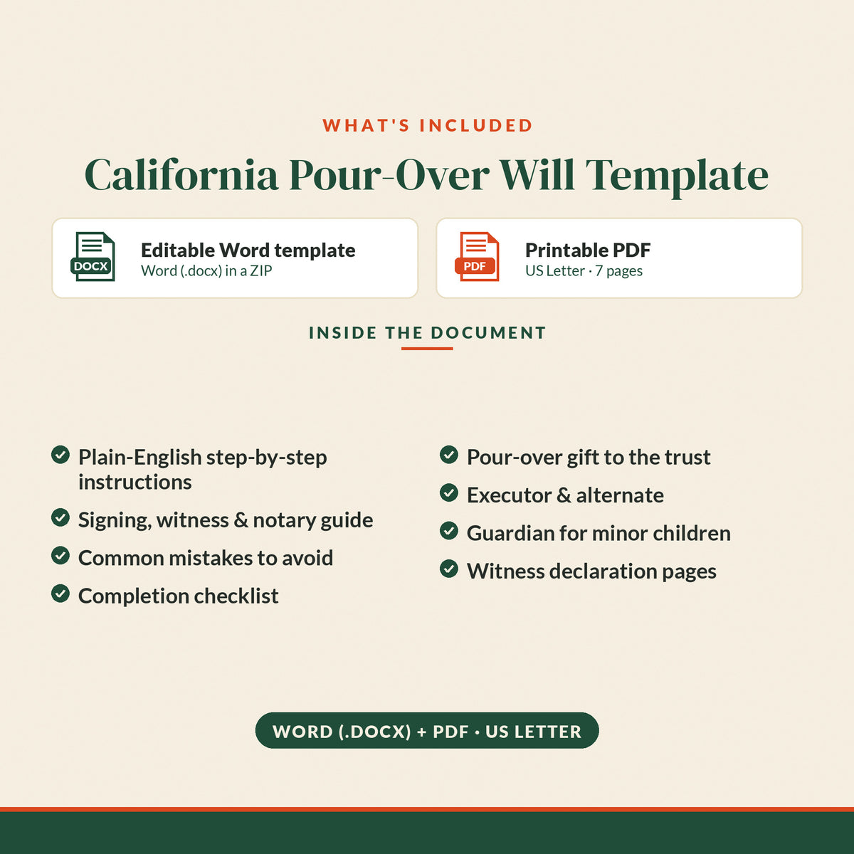 California Pour-Over Will Template, what's included