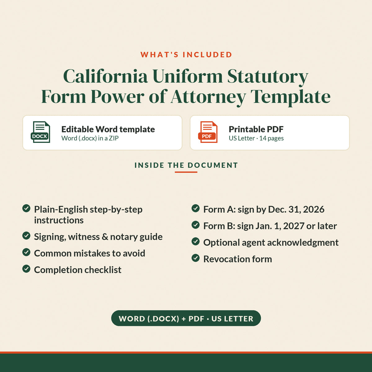 California Uniform Statutory Form Power of Attorney Template, what's included