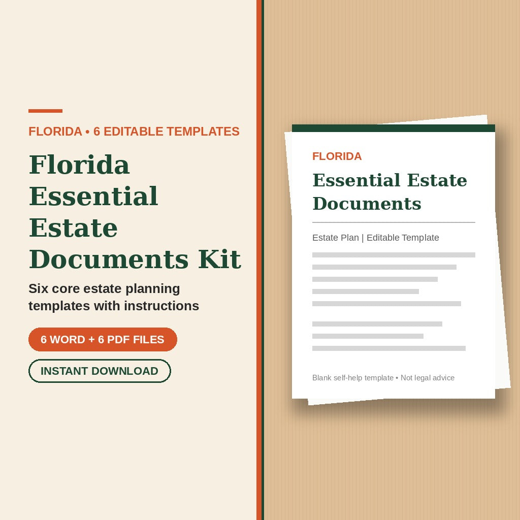 Florida Essential Estate Documents Kit template cover, editable Word + PDF, instant download