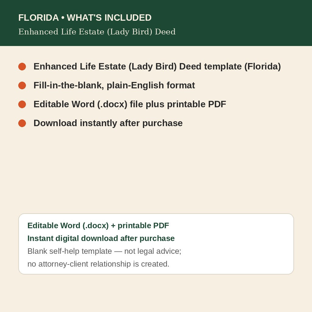 Florida Lady Bird Deed, what's included: editable Word and printable PDF, instant digital download
