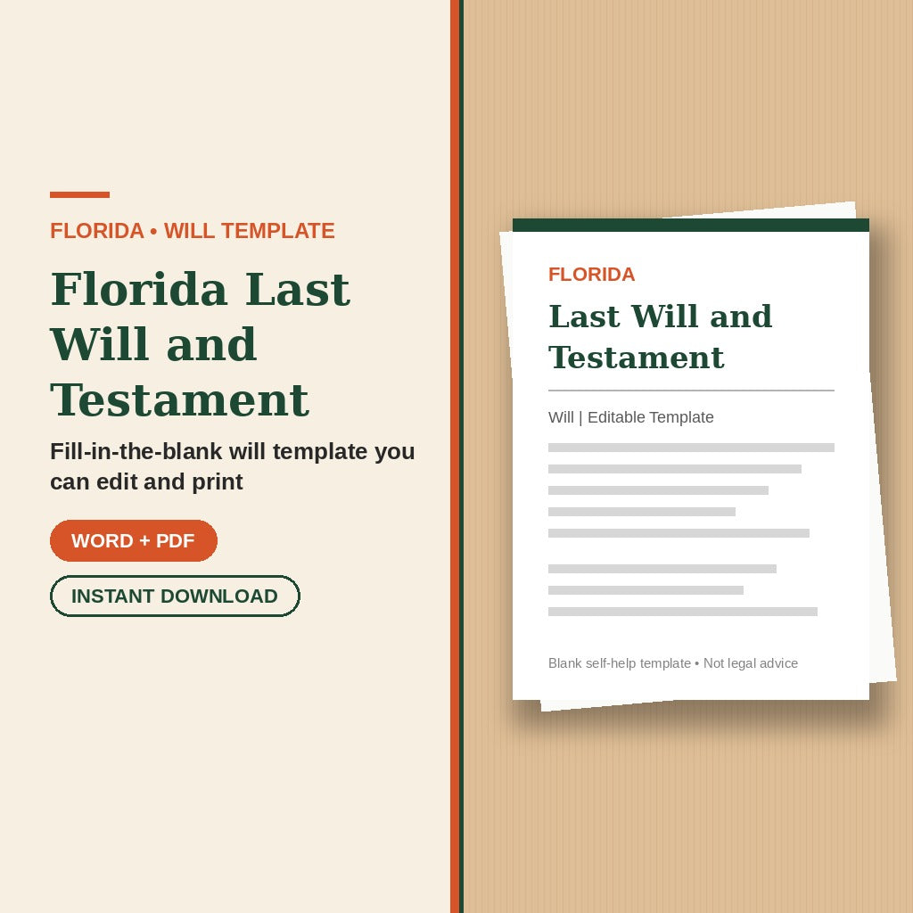 Florida Last Will and Testament template cover, editable Word + PDF, instant download