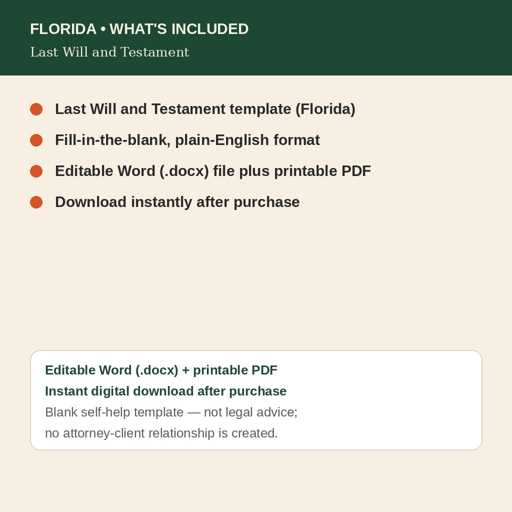 Florida Last Will and Testament, what's included: editable Word and printable PDF, instant digital download
