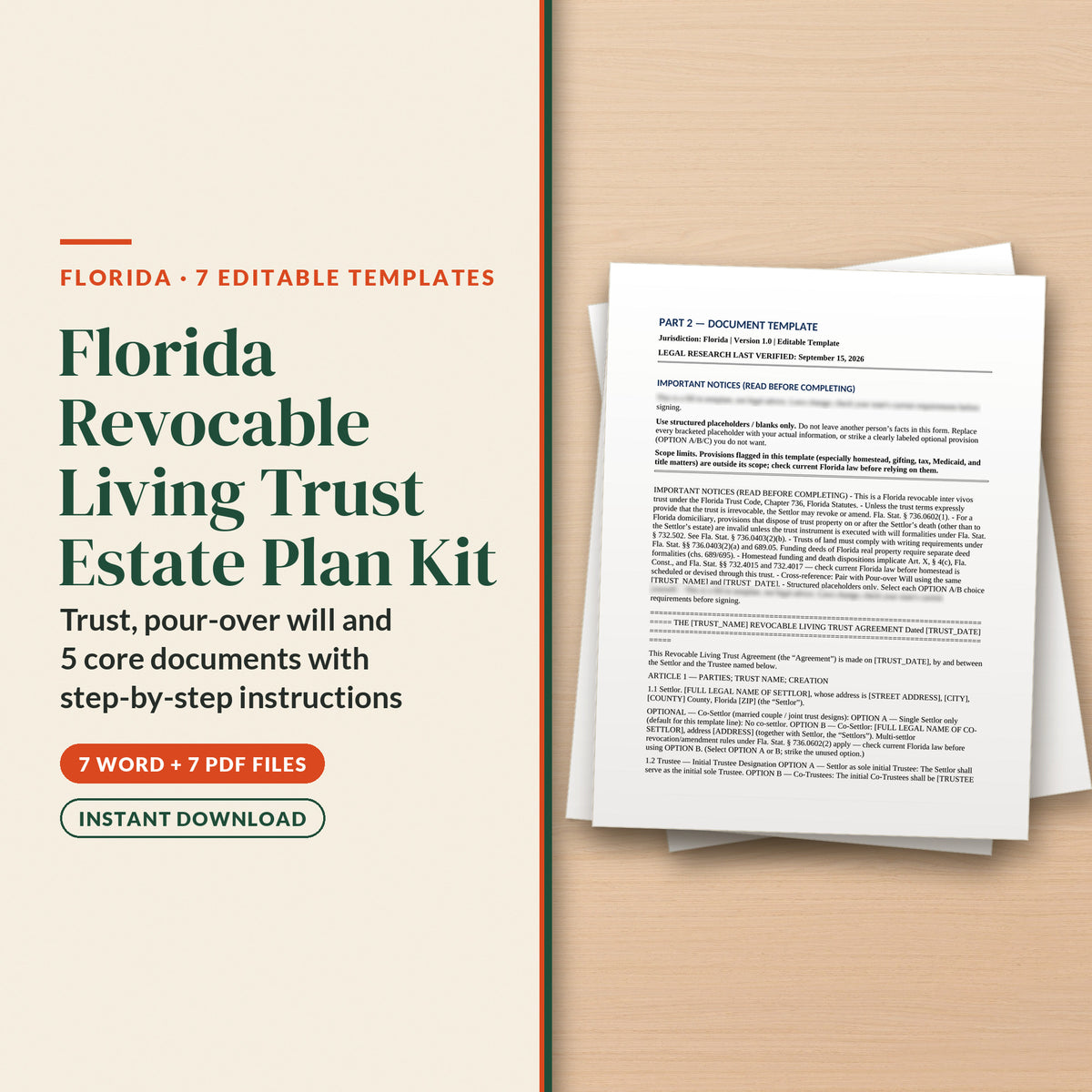 Florida Living Trust Kit: Revocable Living Trust Estate Plan Kit cover, 7 Word + 7 PDF files, instant download