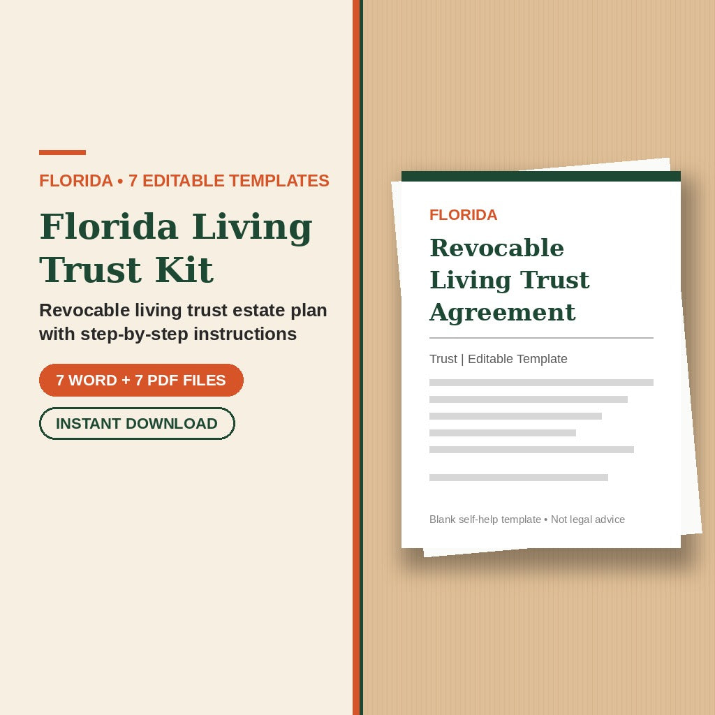 Florida Living Trust Kit template cover, editable Word + PDF, instant download