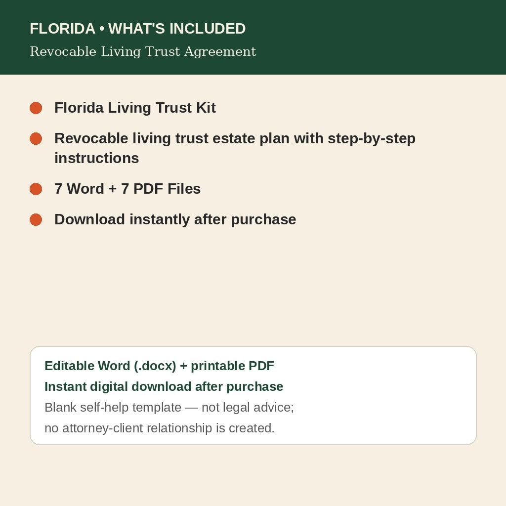 Florida Living Trust Kit, what's included: editable Word and printable PDF, instant digital download