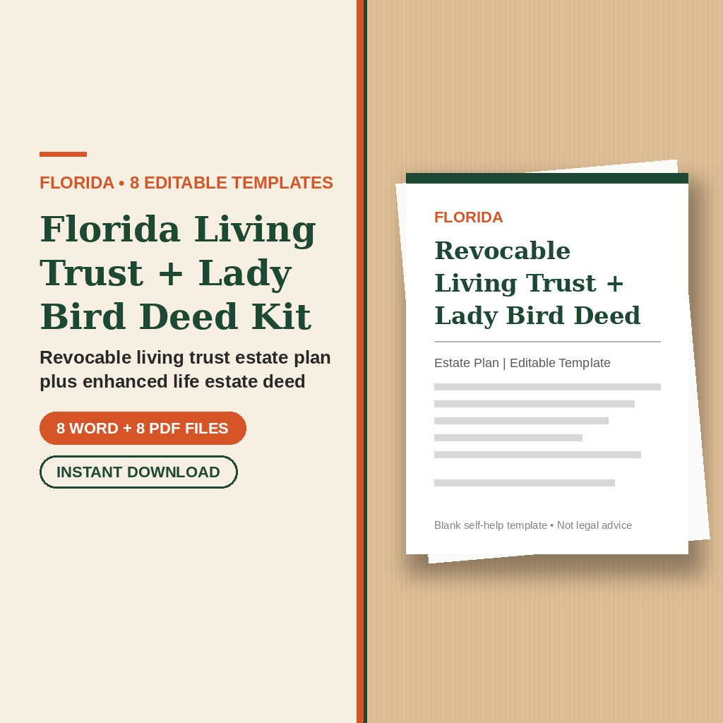 Florida Living Trust + Lady Bird Deed Kit template cover, editable Word + PDF, instant download