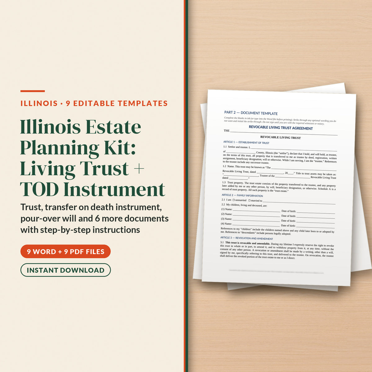 Illinois Complete Estate Plan Kit with Living Trust and Transfer on Death Instrument, cover page
