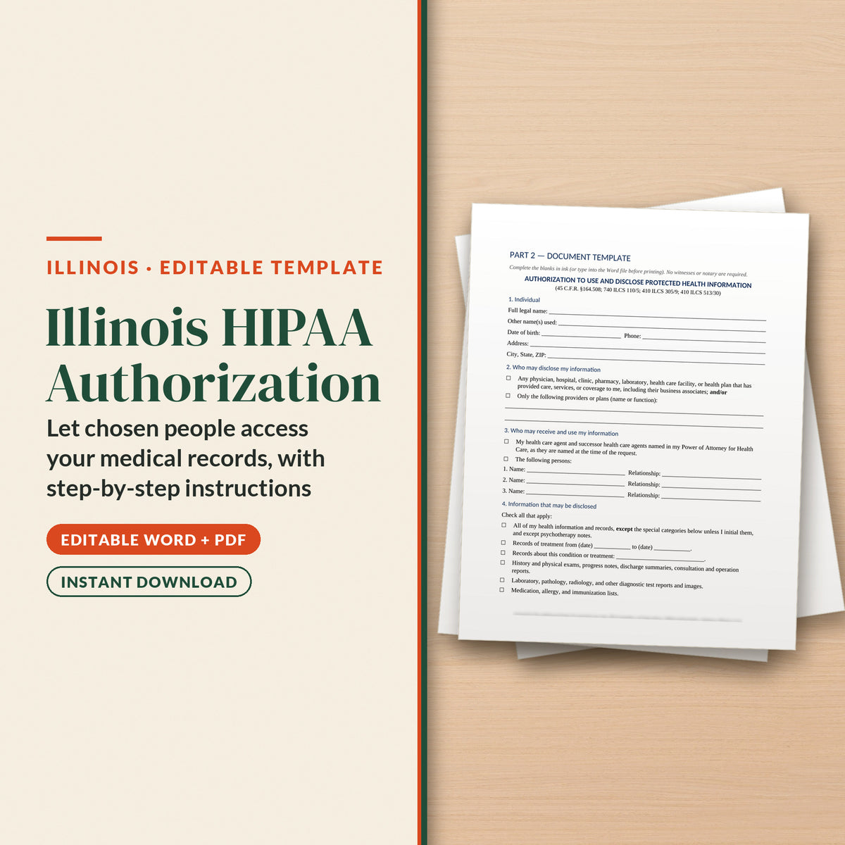 Illinois HIPAA Authorization / Release Template, cover page