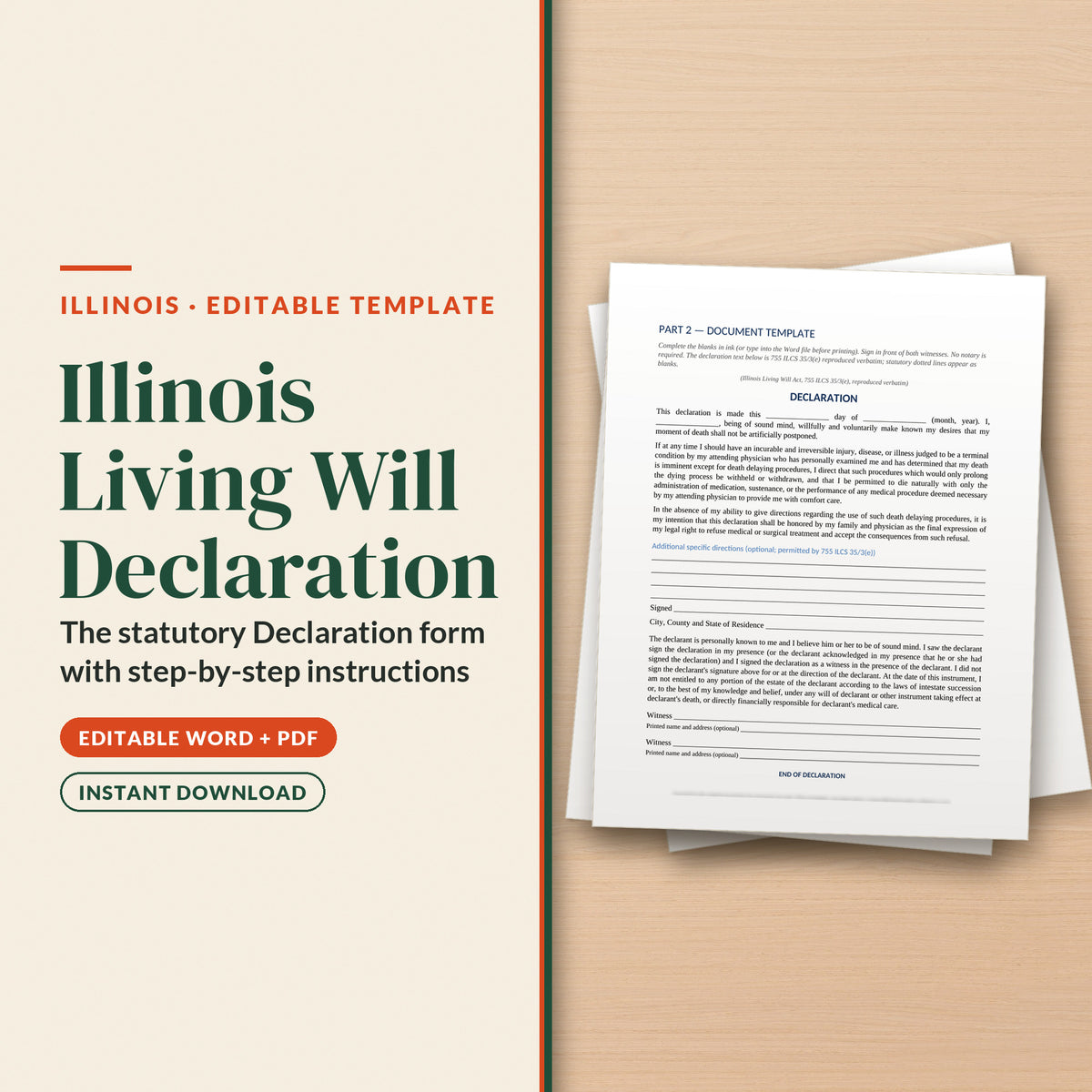 Illinois Living Will Declaration Template, cover page