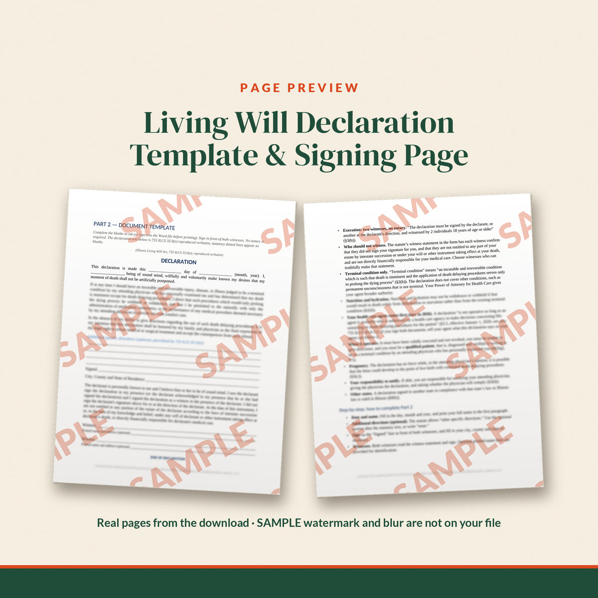 Illinois Living Will Declaration Template, document preview, page 2