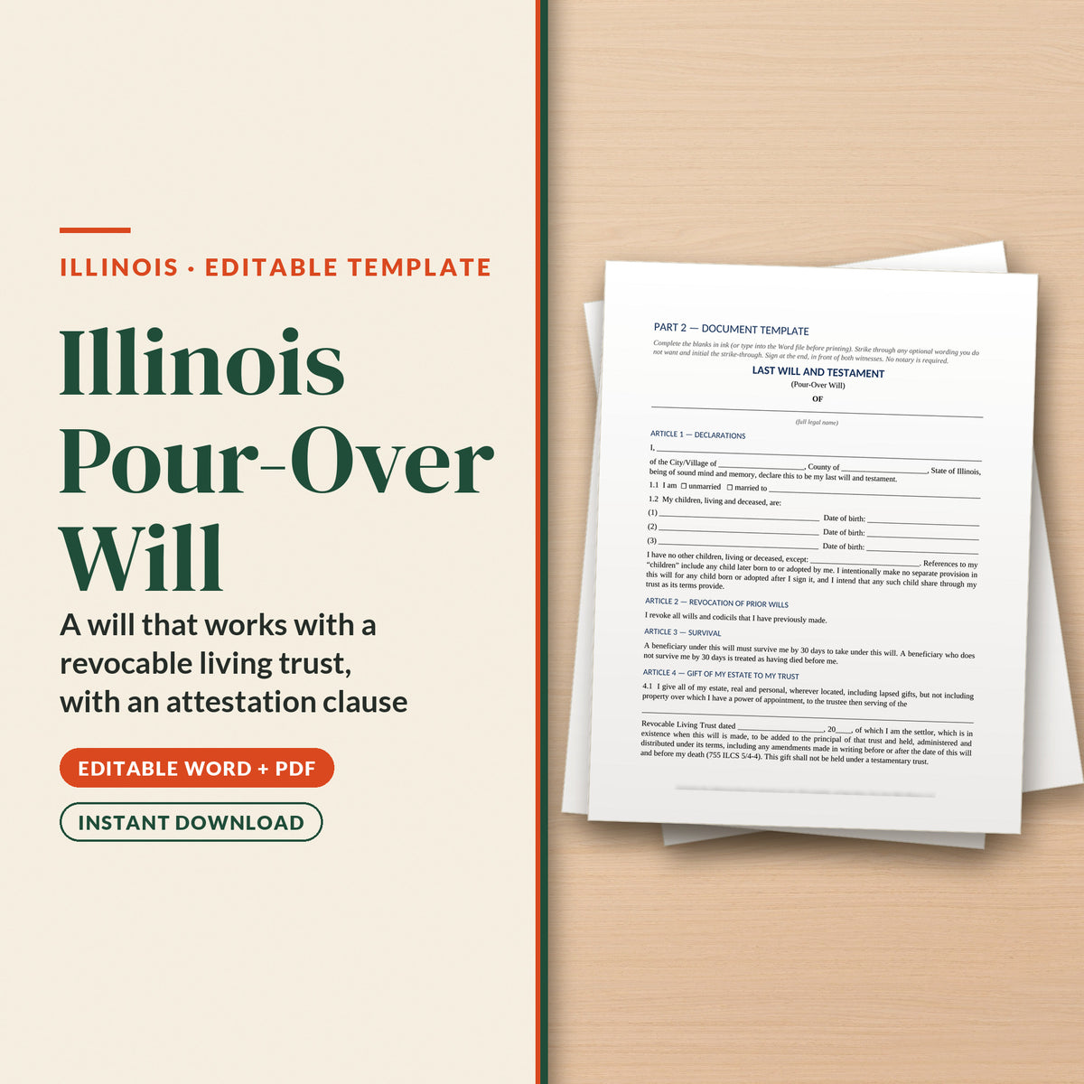 Illinois Pour-Over Will Template, cover page