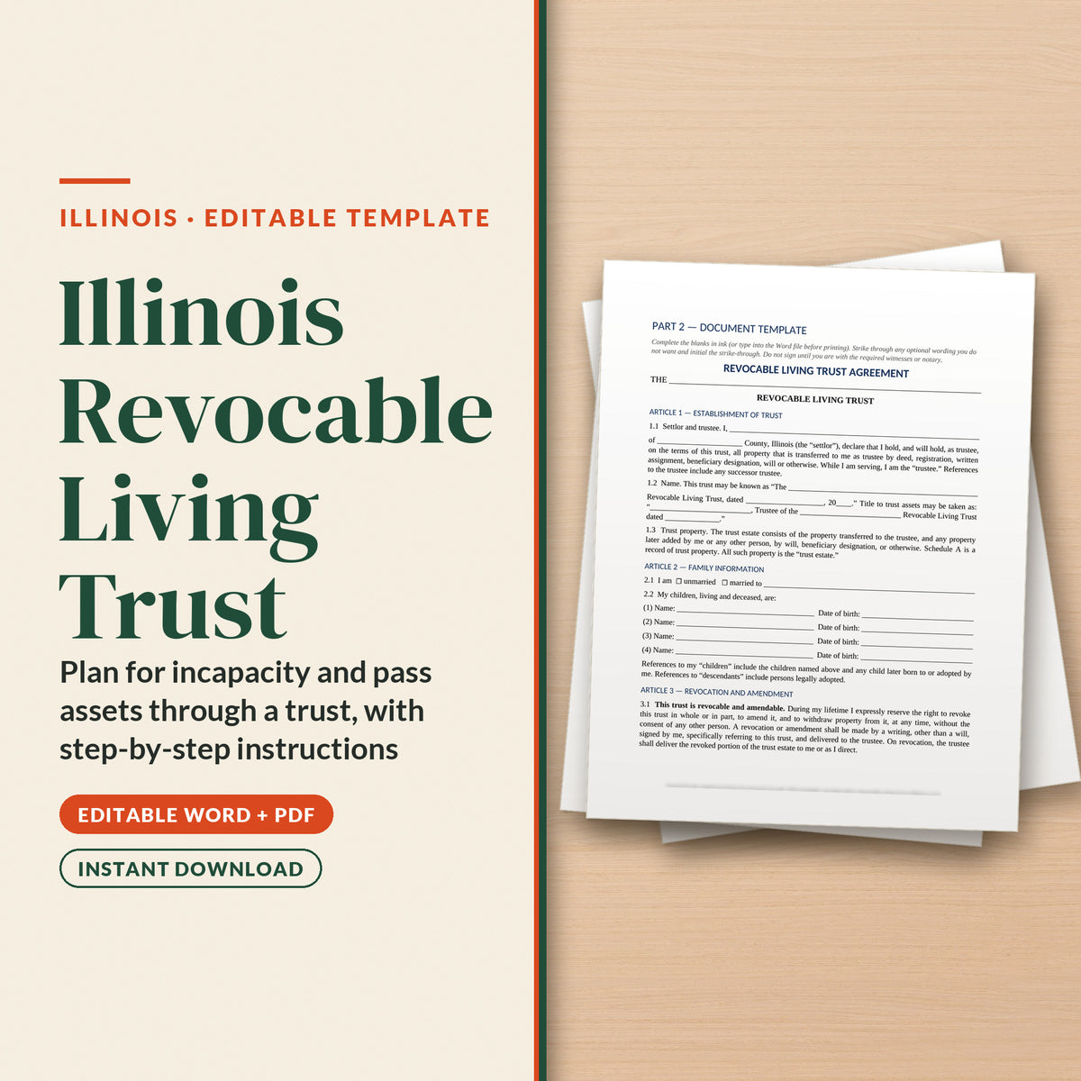Illinois Revocable Living Trust Template, cover page