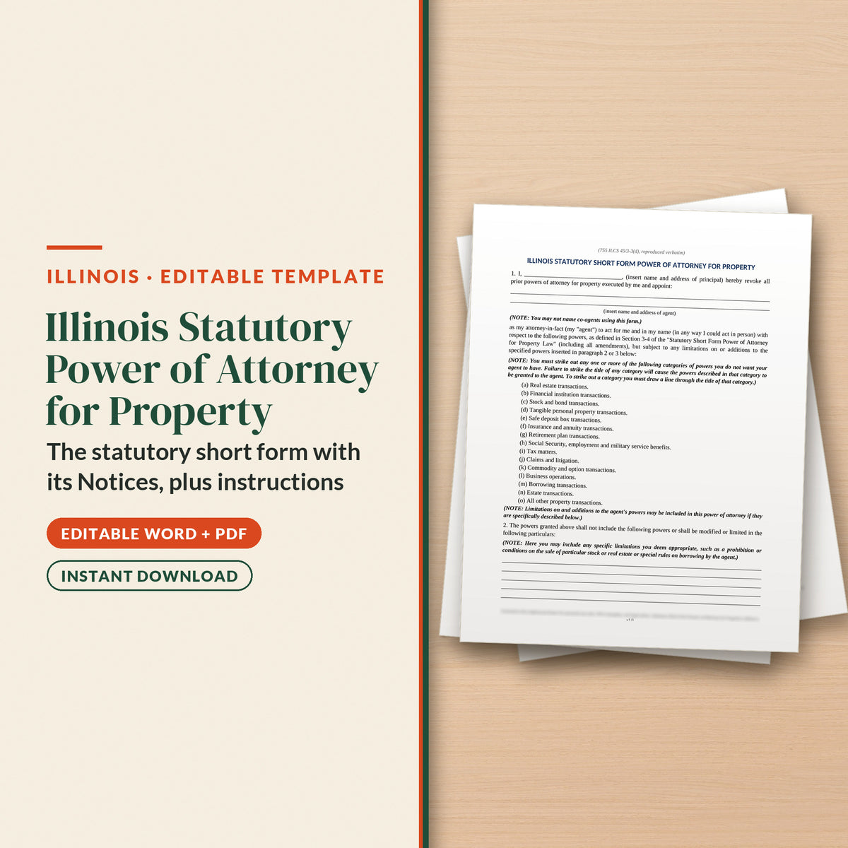 Illinois Statutory Short Form Power of Attorney for Property Template, cover page
