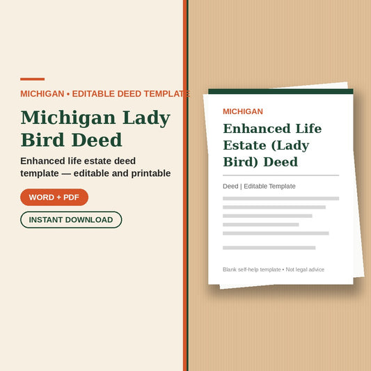 Michigan Lady Bird Deed template cover, editable Word + PDF, instant download