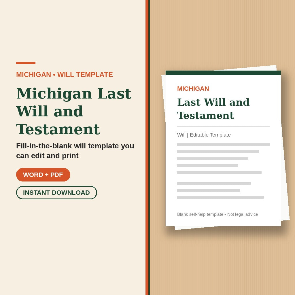 Michigan Last Will and Testament template cover, editable Word + PDF, instant download