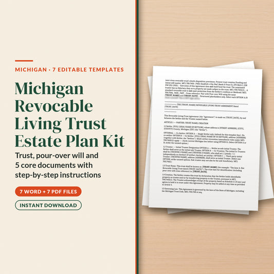 Michigan Living Trust Kit: Revocable Living Trust Estate Plan Kit cover, 7 Word + 7 PDF files, instant download