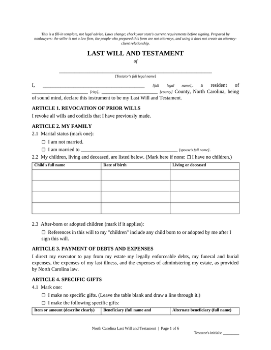 North Carolina Last Will and Testament Template