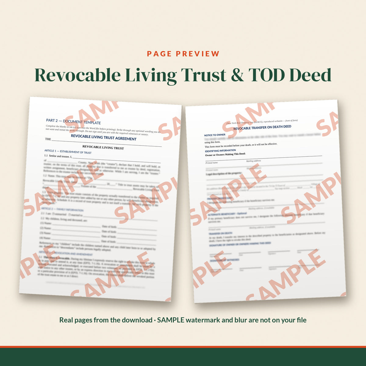 New York Complete Estate Plan Kit with Living Trust and Transfer on Death Deed, document preview, page 1