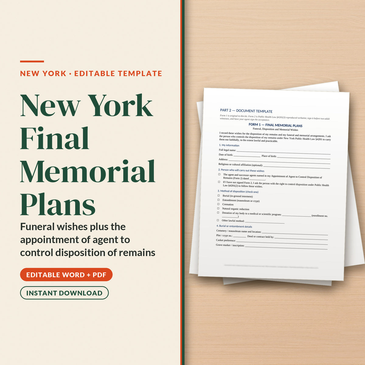 New York Final Memorial Plans Template, cover page