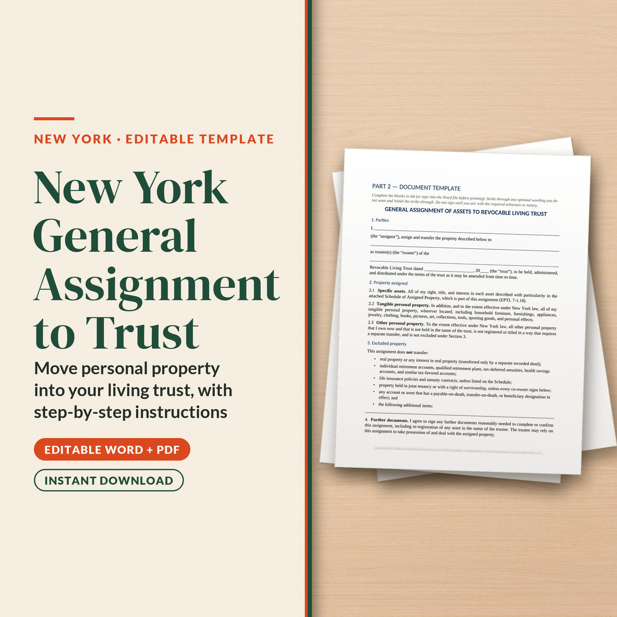 New York General Assignment to Trust Template, cover page