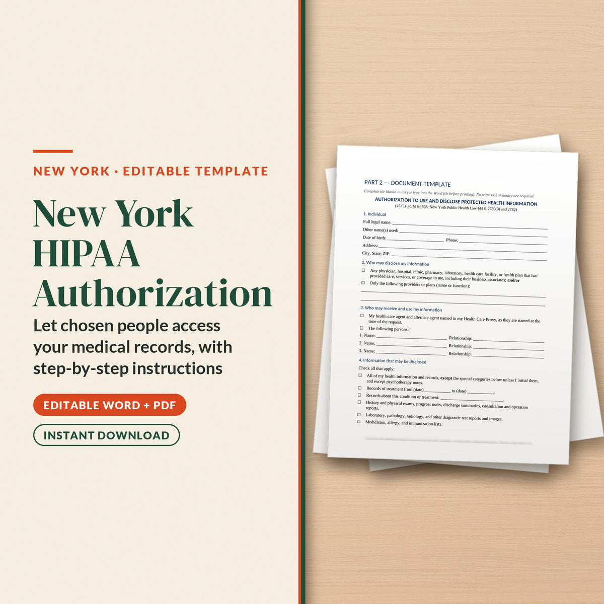 New York HIPAA Authorization / Release Template, cover page
