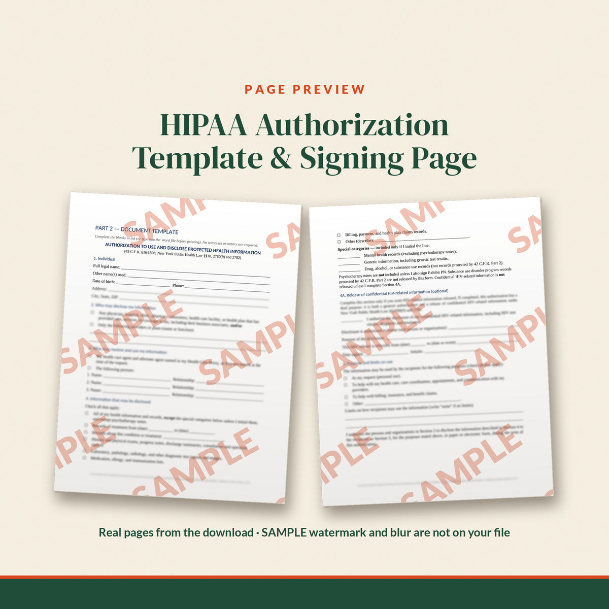 New York HIPAA Authorization / Release Template, document preview, page 2