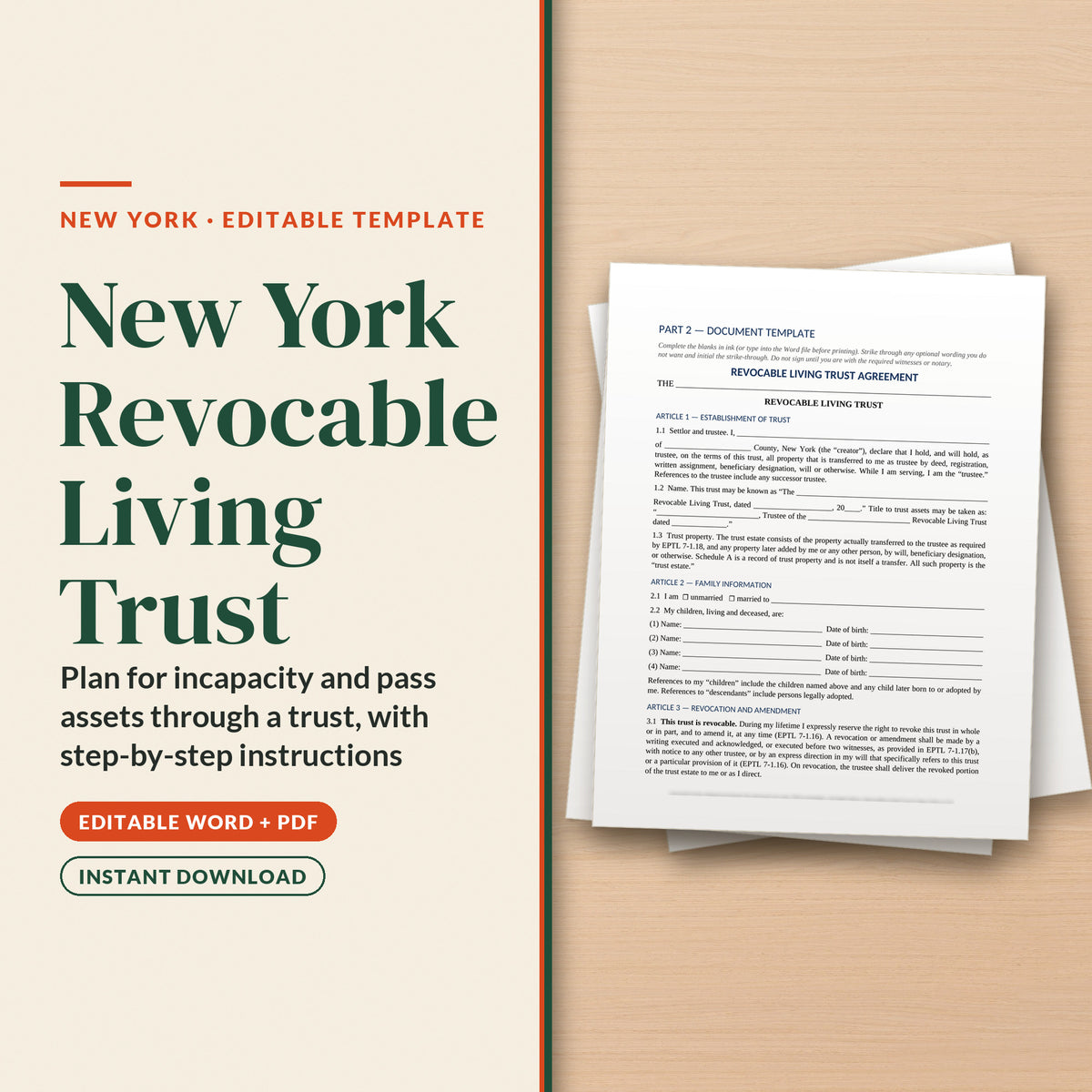 New York Revocable Living Trust Template, cover page