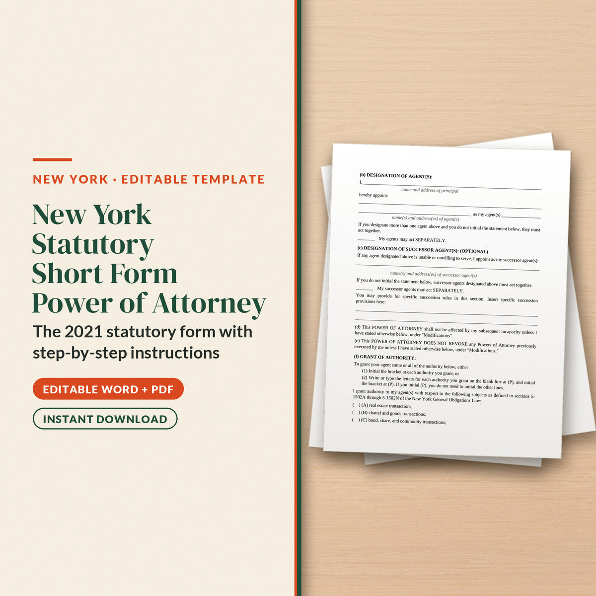 New York Statutory Short Form Power of Attorney Template, cover page