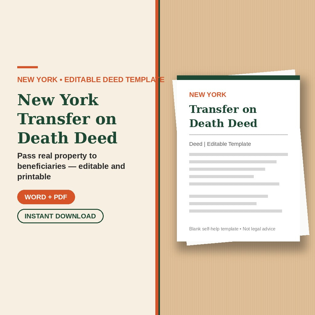 New York Transfer on Death Deed template cover, editable Word + PDF, instant download