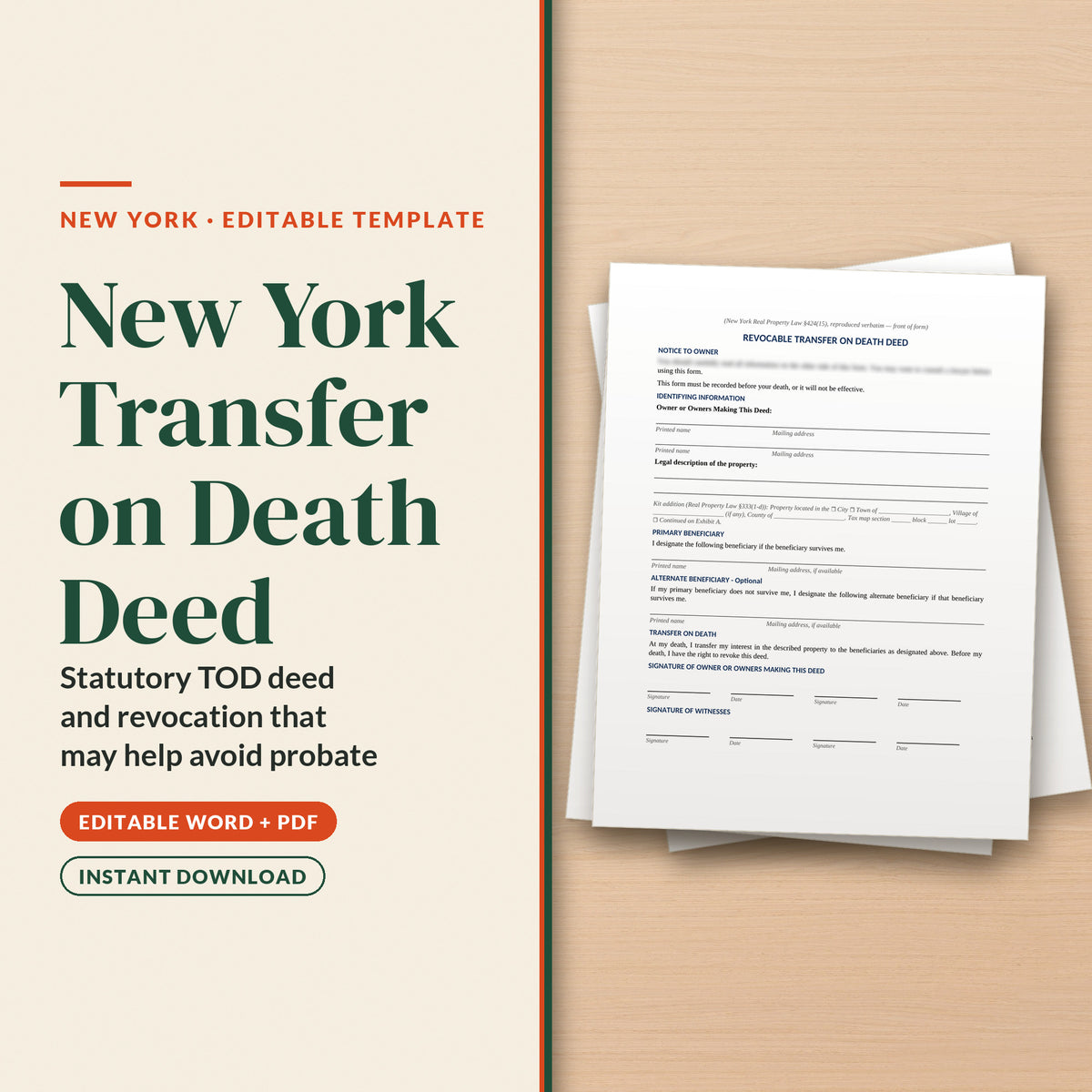 New York Transfer on Death Deed Template, cover page