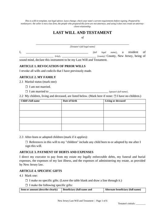 New Jersey Last Will and Testament Template