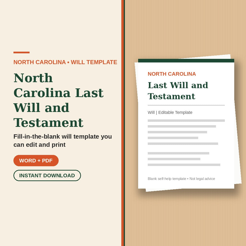 North Carolina Last Will and Testament template cover, editable Word + PDF, instant download