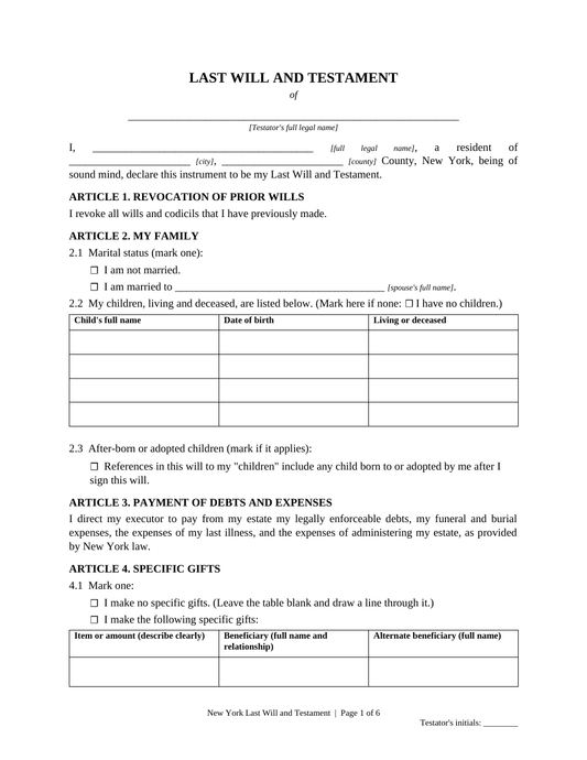 New York Last Will and Testament Template