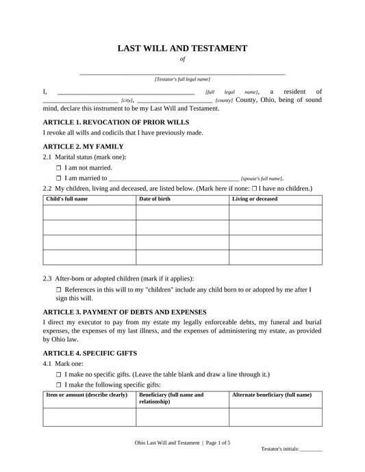 Ohio Last Will and Testament Template