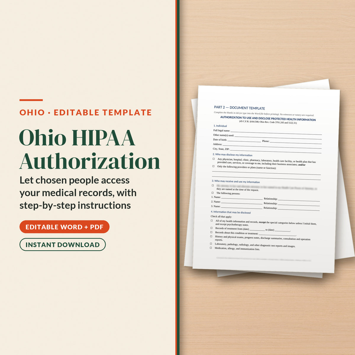 Ohio HIPAA Authorization / Release Template, cover page