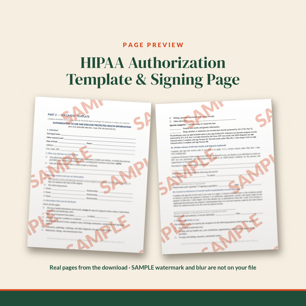 Ohio HIPAA Authorization / Release Template, document preview, page 2