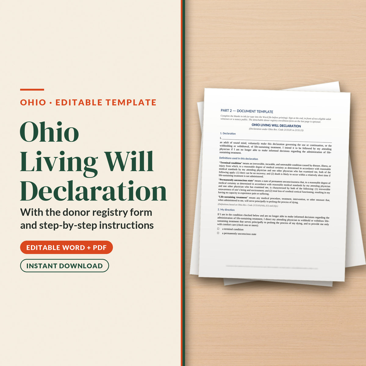 Ohio Living Will Declaration Template, cover page