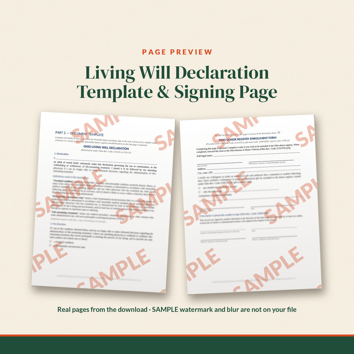 Ohio Living Will Declaration Template, document preview, page 2