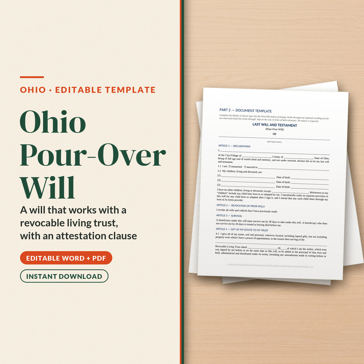 Ohio Pour-Over Will Template, cover page