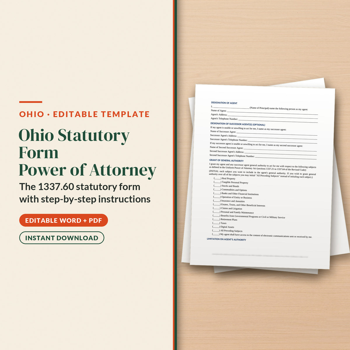 Ohio Statutory Form Power of Attorney Template, cover page