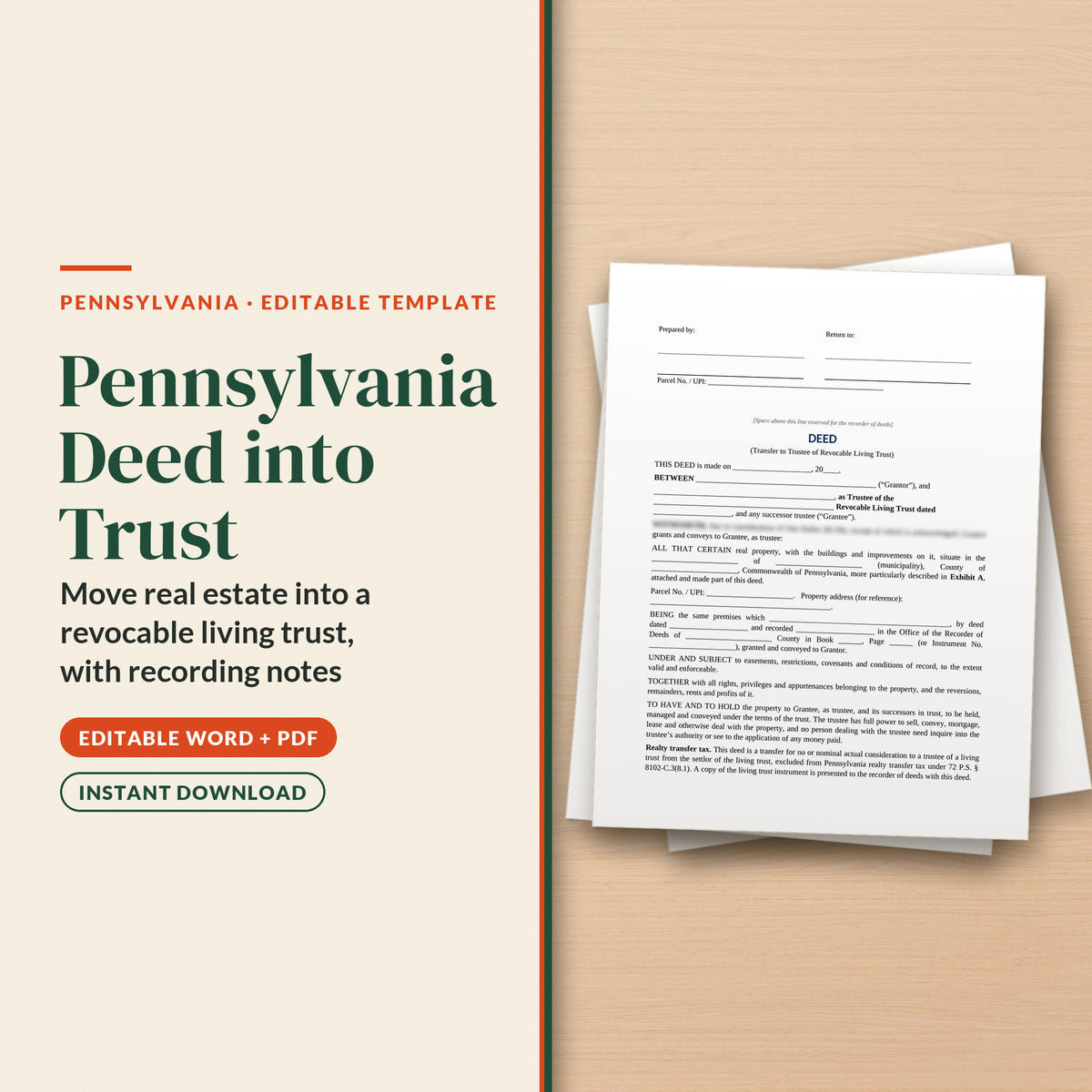 Pennsylvania Deed into Trust Template, cover page