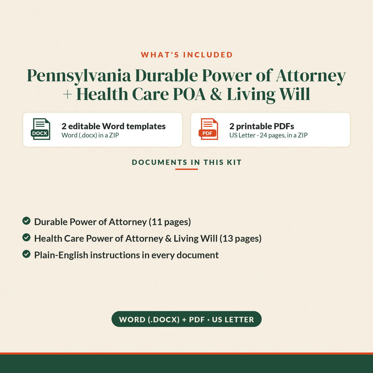 Pennsylvania Durable Power of Attorney + Health Care Power of Attorney and Living Will Kit, what's included